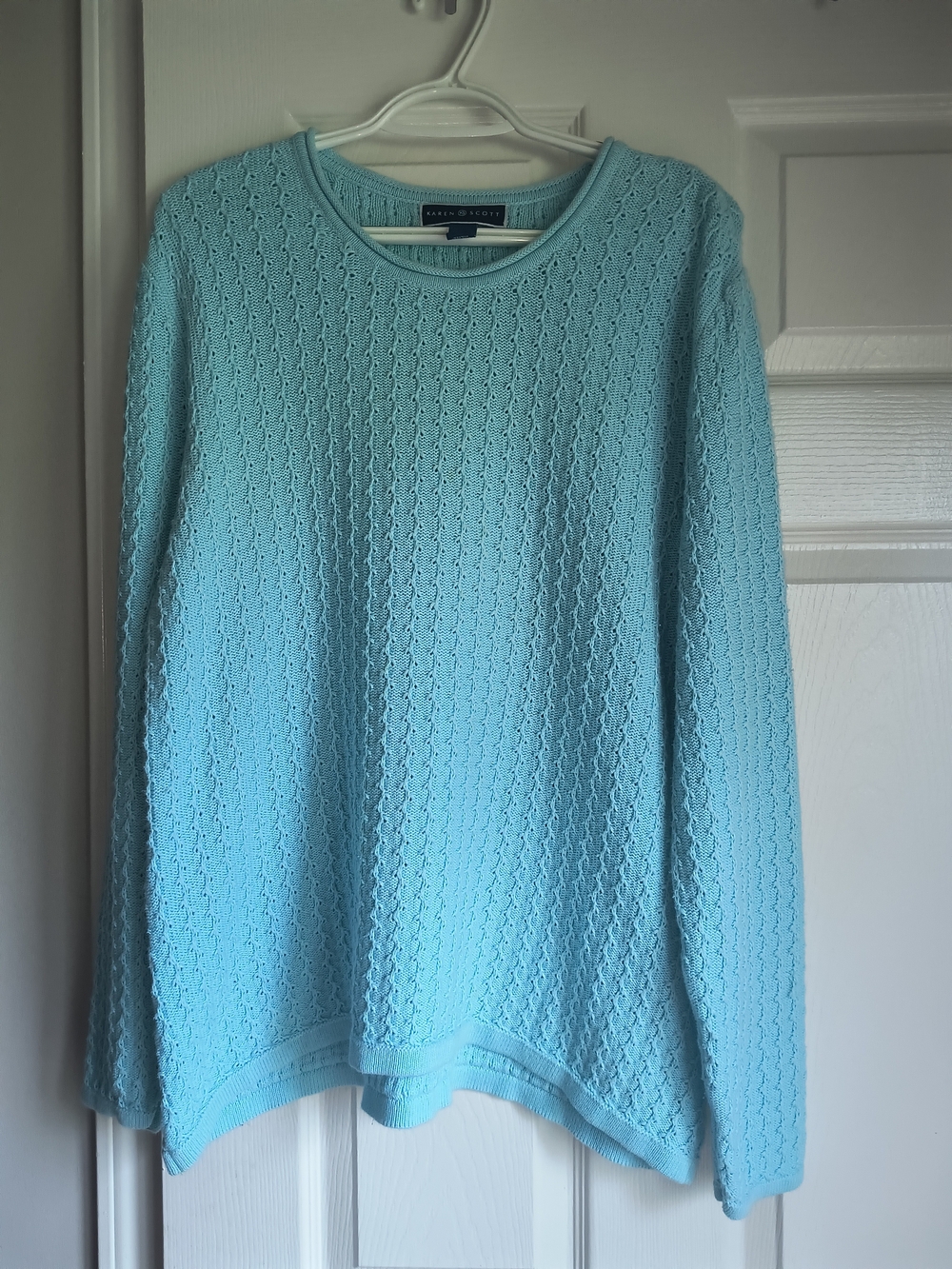 Karen Scott Women's Light Aqua Textured Crew Neck Sweater